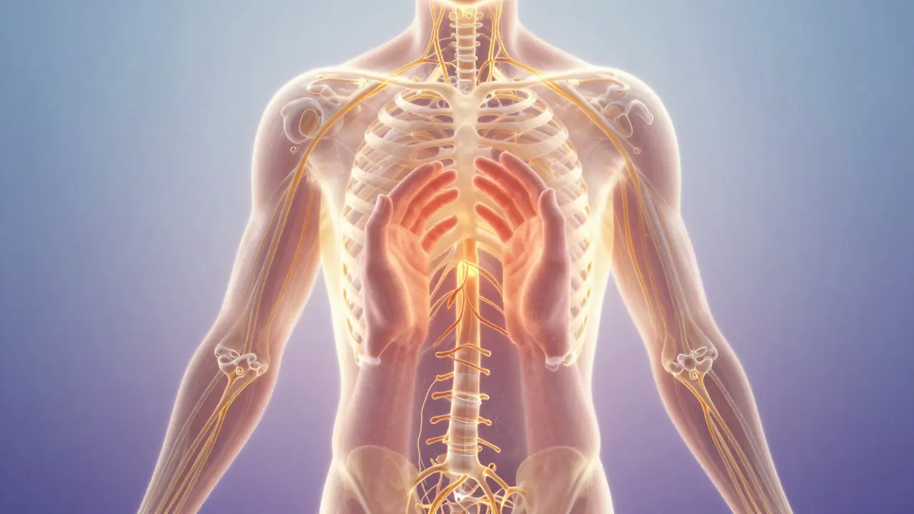 Průhledné zlaté cesty lymfy proudí tělem směrem k lymfatickým uzlům při jemném masírování.