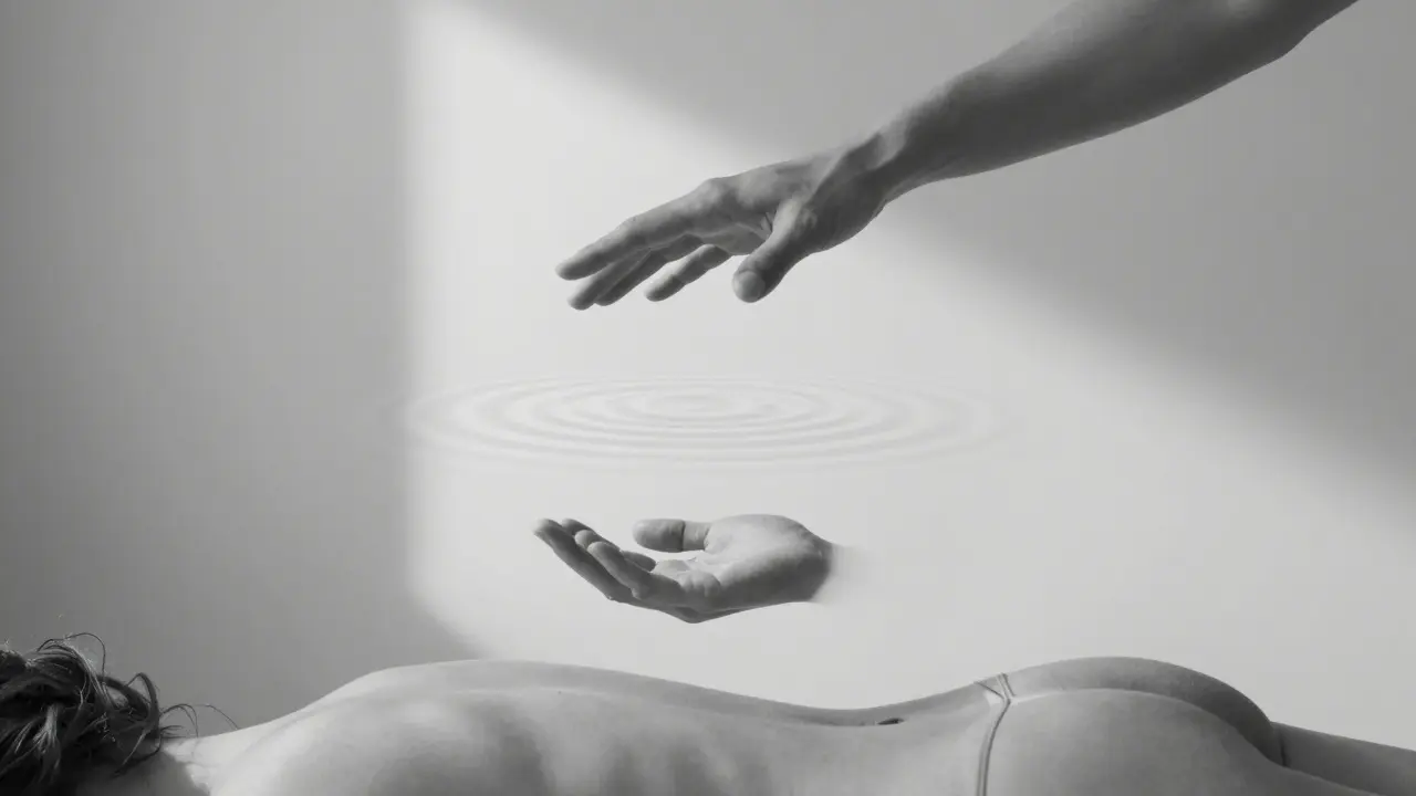 Ruce visí nad tělem, vytvářejíce neviditelné vlnění klidu.