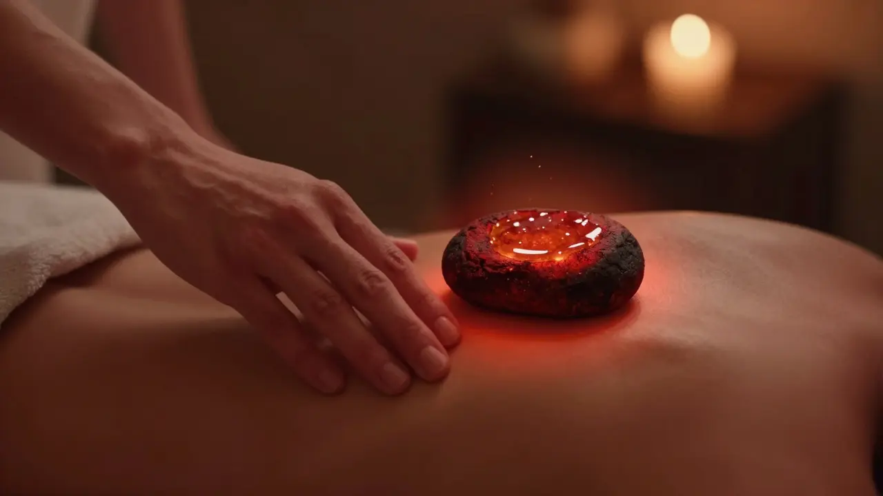 Ruka maséře pohybuje teplým lávovým kamenem po rameni s jemným zářivým efektem tepla.
