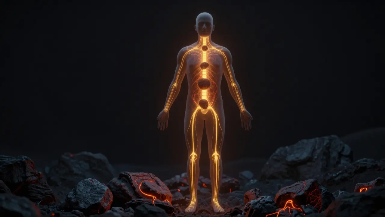 Schematický obraz těla s teplými zlatými cestami, které symbolizují zlepšený krevní oběh po masáži lávovými kameny.