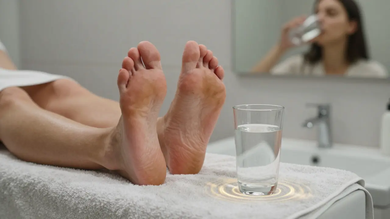 Unavené nohy odpočívají na ručníku s sklenicí vody, symbolizující obnovu lymfatického systému.