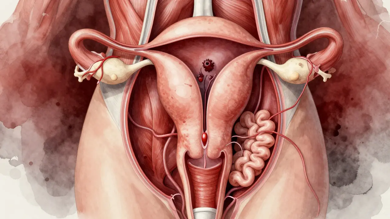 Vnitřní řez tělem ukazuje zvětšenou dělohu tlačící na močový mechúr a střeva.