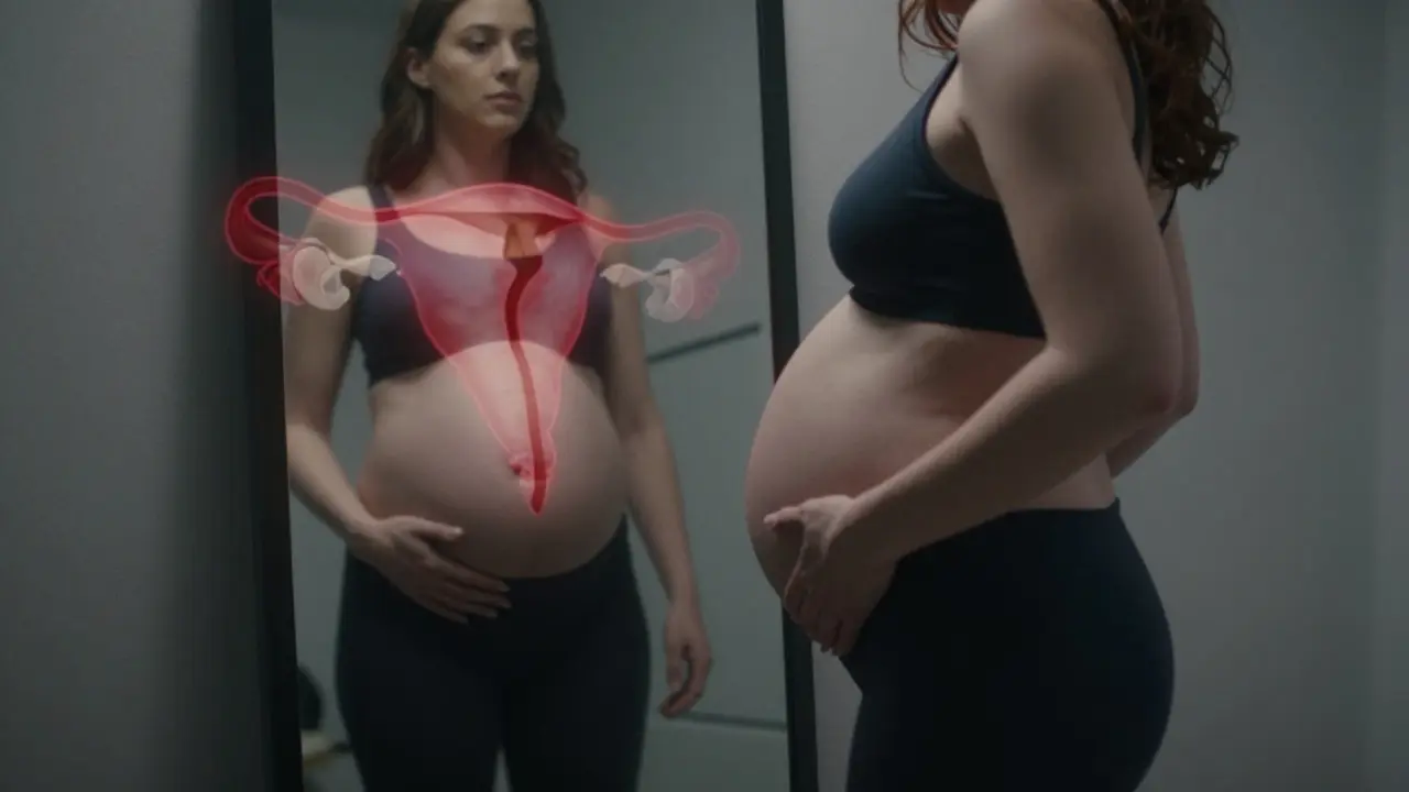 Žena se dívá do zrcadla, kde její zvětšené břicho kontrastuje s její předtěhotnou postavou.
