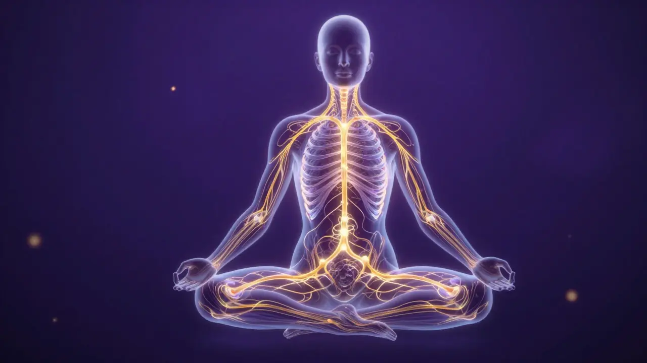 Abstraktní zobrazení energetických center a toku světla v lidském těle na tmavém pozadí.