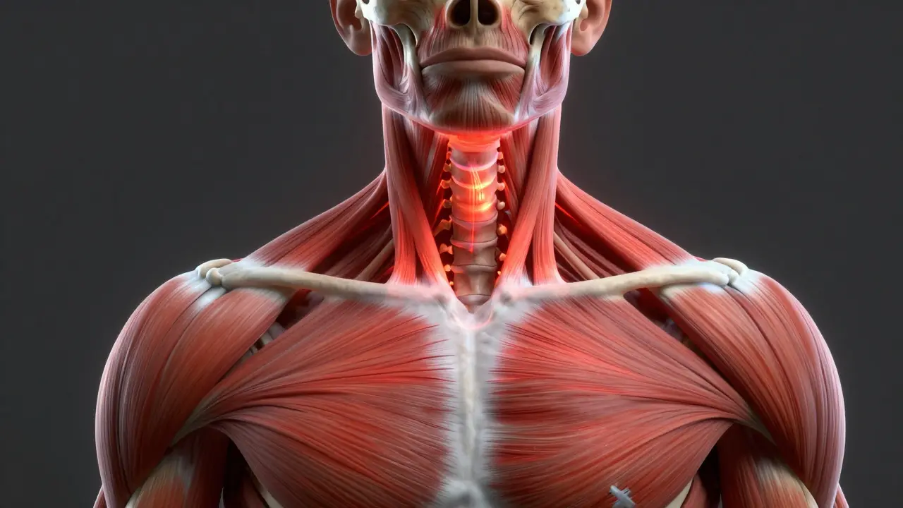 Anatomická ilustrace krku s červenými oblastmi znaznačujícími bolestivé trigger pointy.