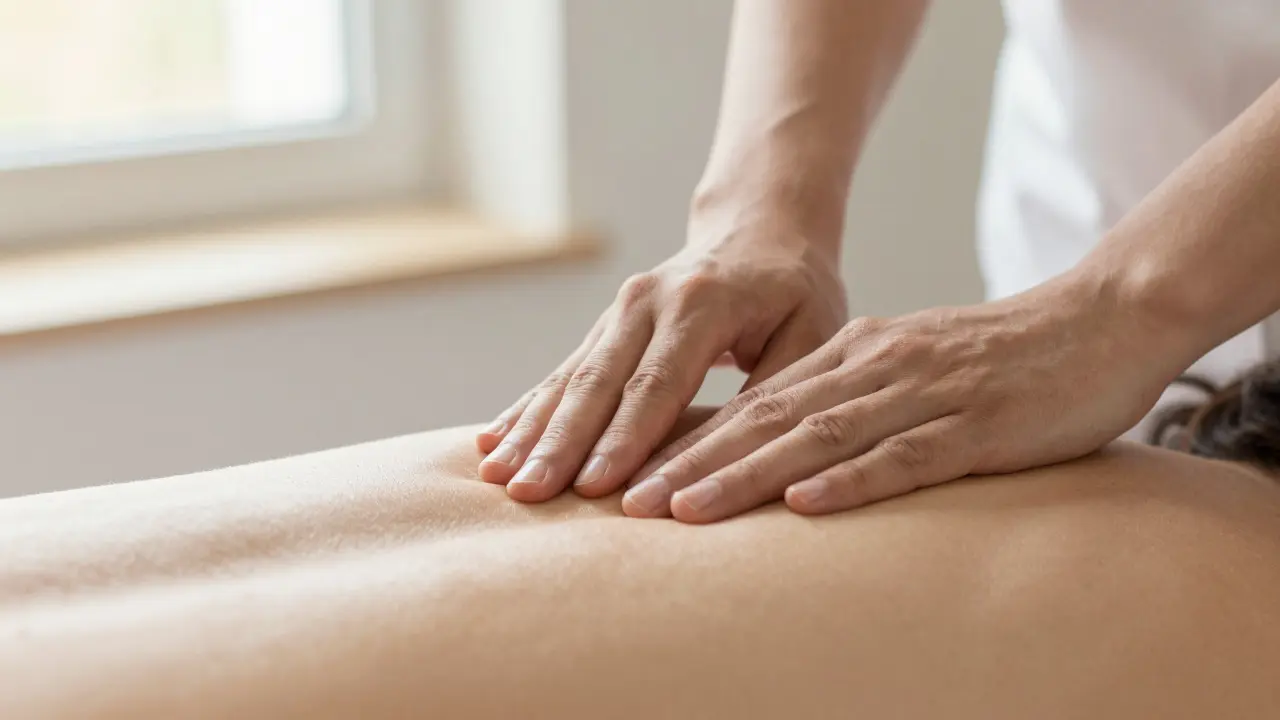 Detail jemného tlaku terapeutových rukou na záda pacienta během Dornovy metody.