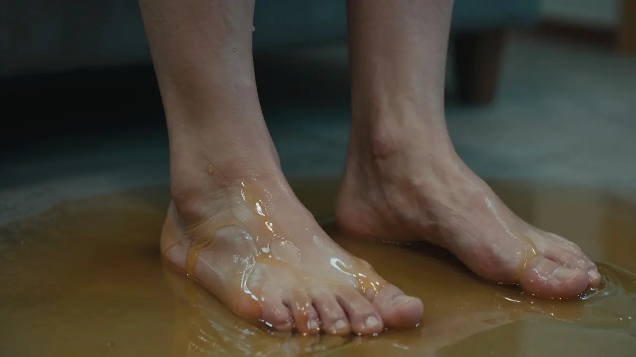 Detail nohou v husté zlaté tekutině symbolizující pocit těžkých nohou a pomalý tok lymfy.