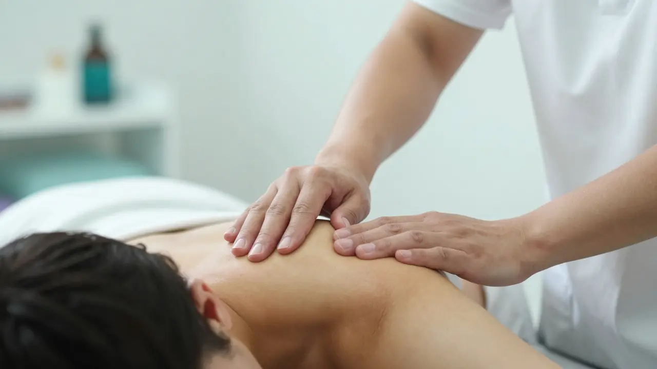 Detail rukou terapeuta při provádění hloubkové myofasciální masáže ramene.