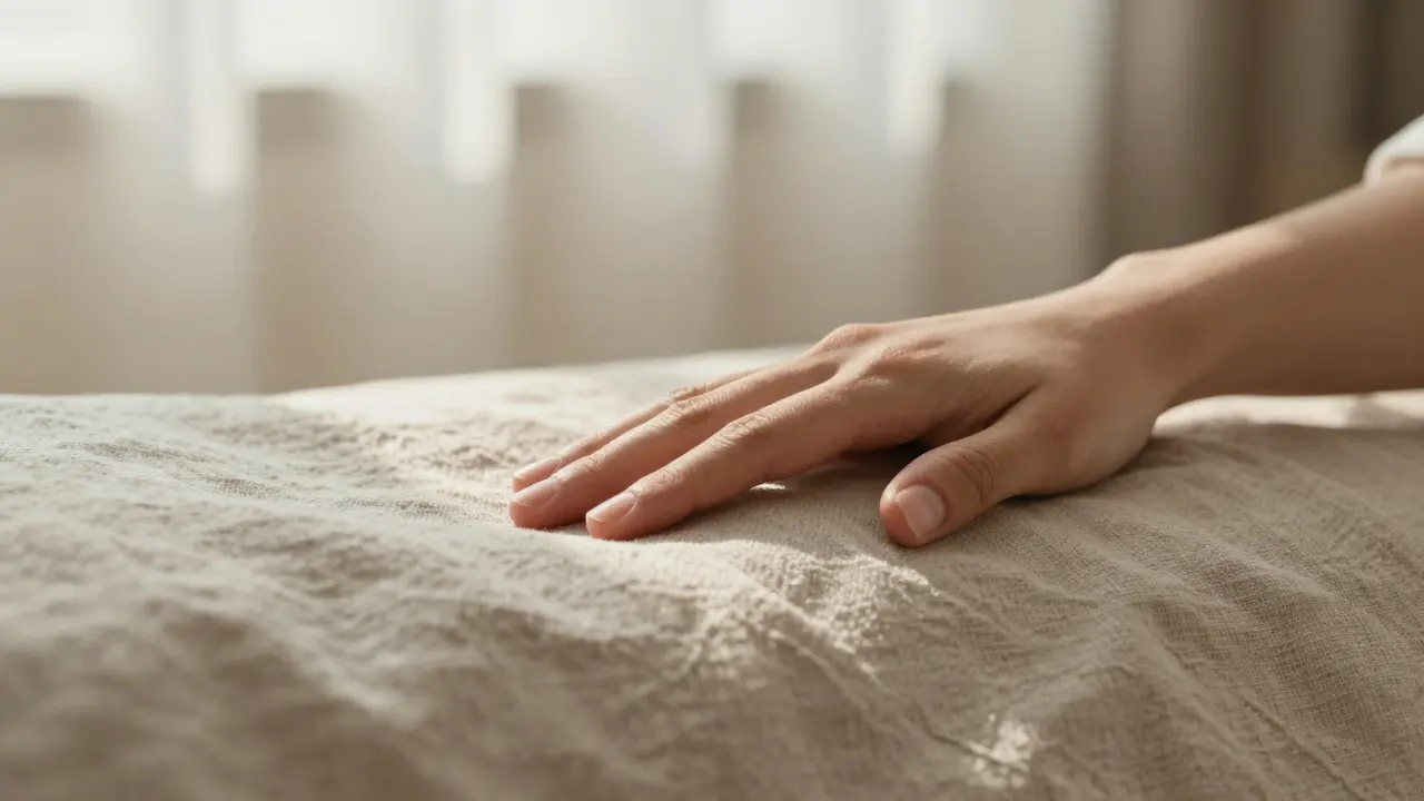 Detail ruky na přírodním lnu v jemném přirozeném světle symbolizující hluboký klid.