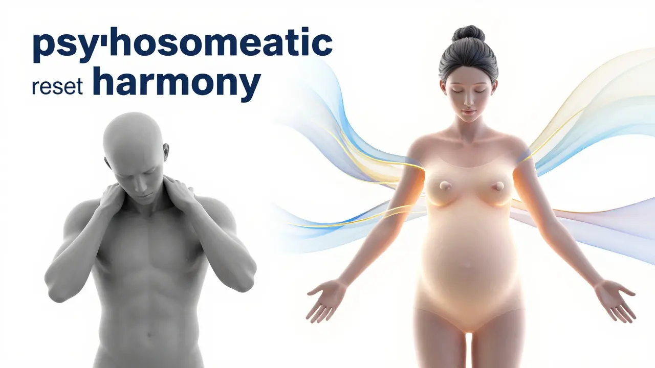 Konceptuální zobrazení změny z napjaté do vyrovnané a uvolněné postury.