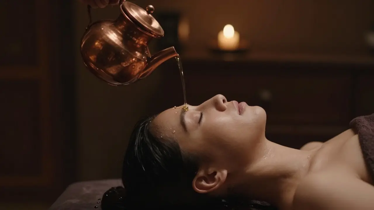 Relaxační procedura Shirodhara s proudem teplého oleje stékajícím na čelo.