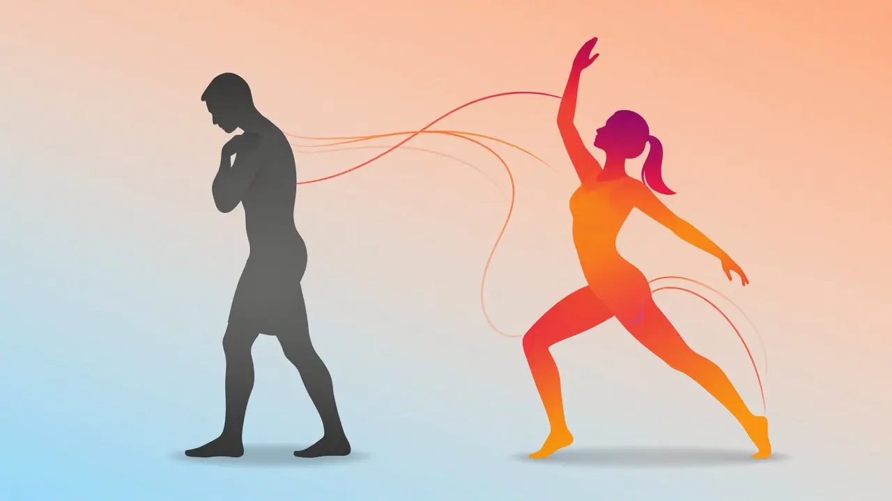 Umělecký obraz přechodu od kloubní ztuhlosti k lehkému a volnému pohybu těla.