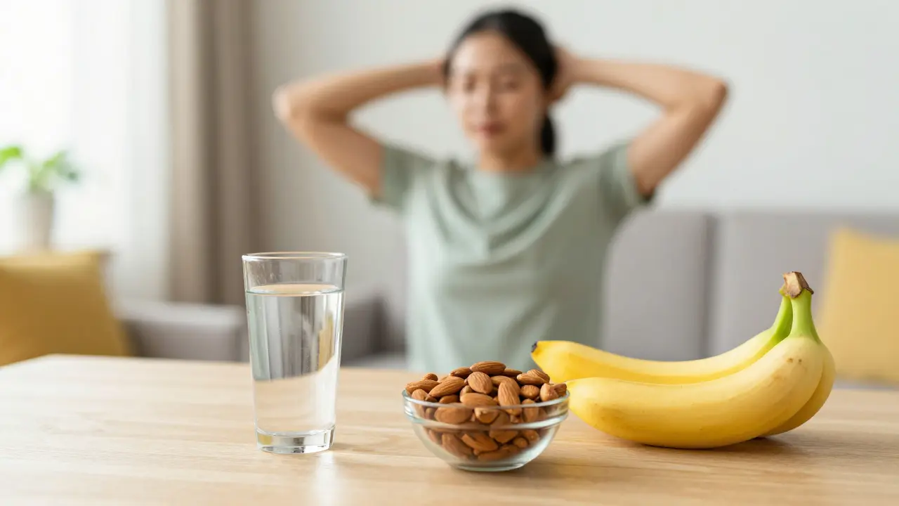 Zdravá svačina s hořčíkem a osoba v pozadí provádějící protahovací cviky.