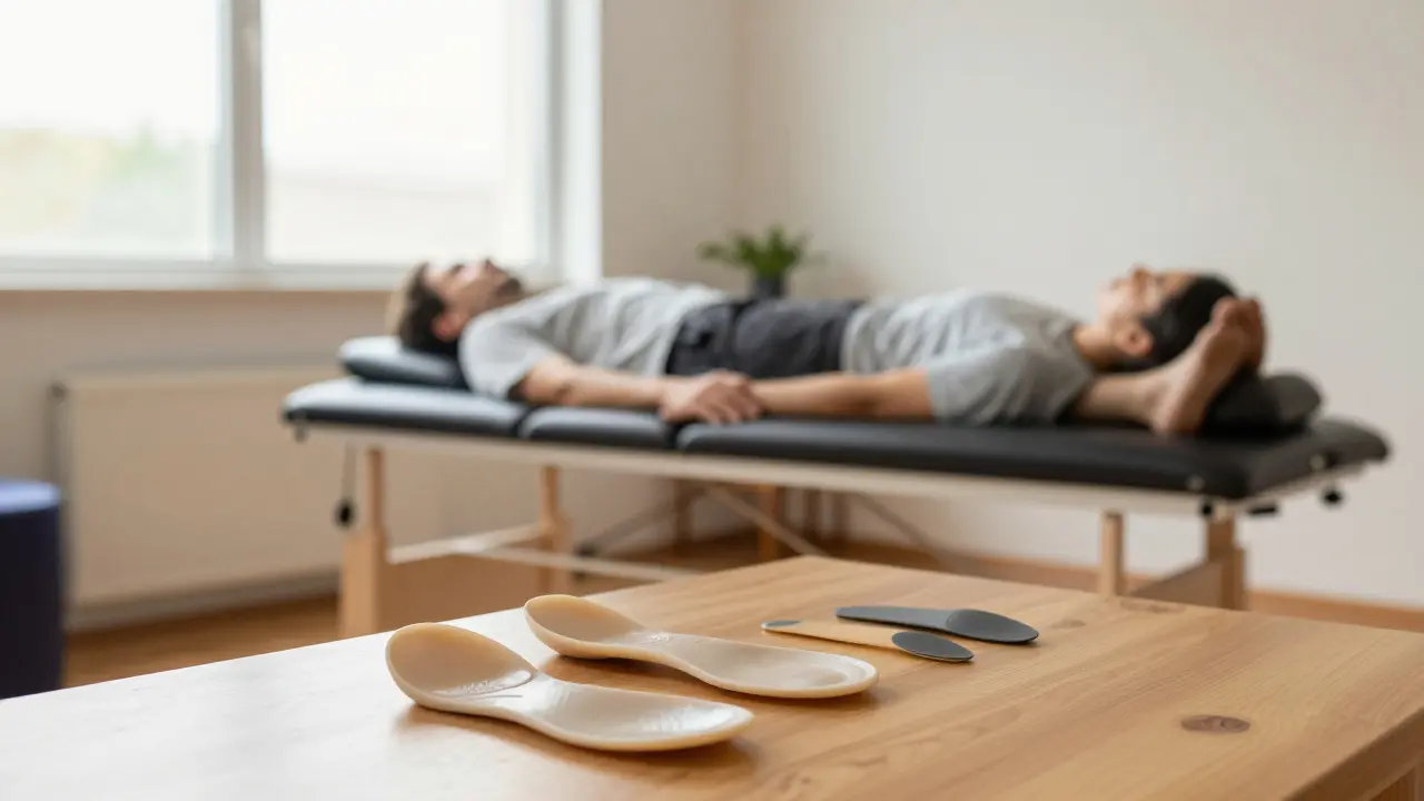 Klidná terapeutická místnost s ortopedickými vložkami do bot.