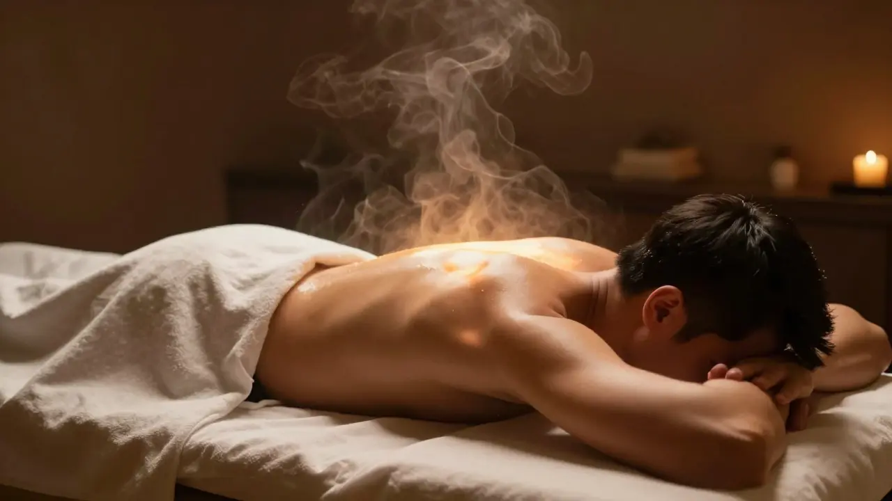 Muž relaxuje při hřejivé masáži v klidné lázeňské místnosti.