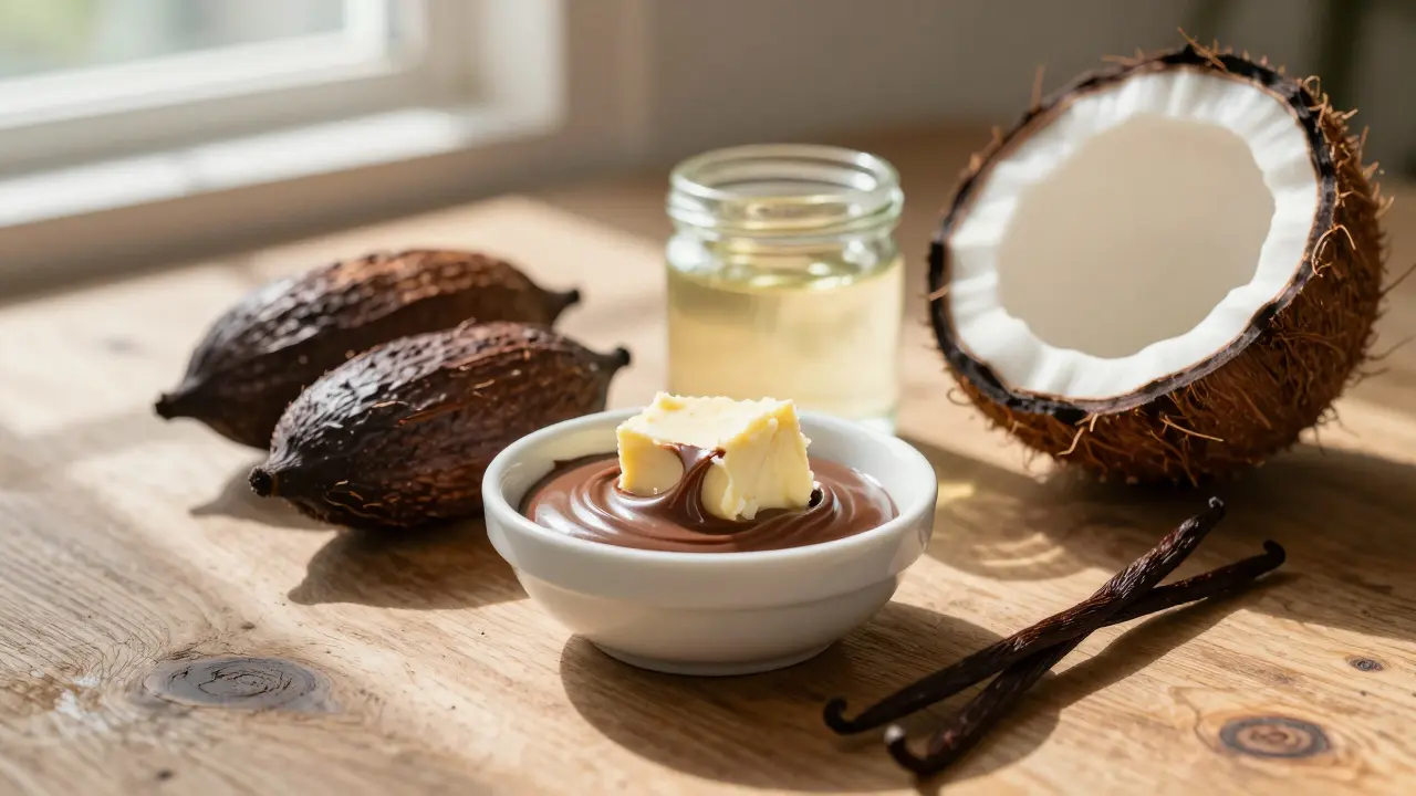 Přírodní ingredience jako kakao máslo a kokosový olej pro domácí masáž