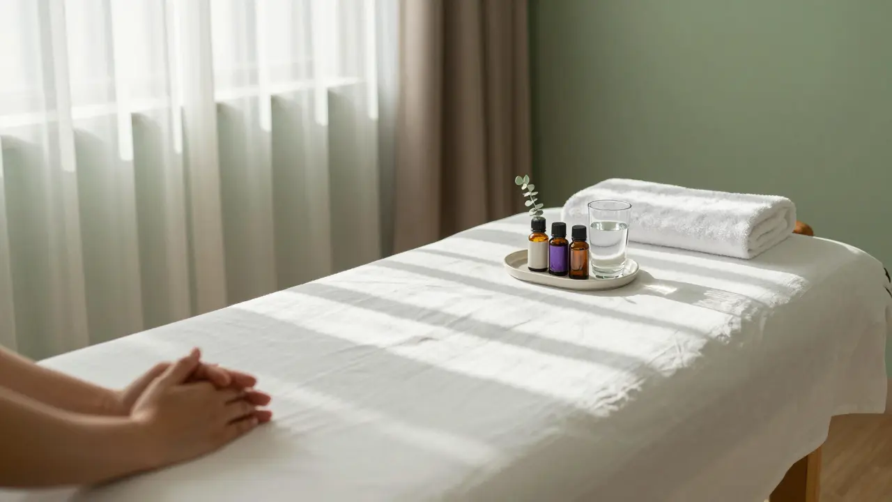 Klidná terapeutická místnost s masážním stolem, oleji a vodou v měkkém přirozeném světle.
