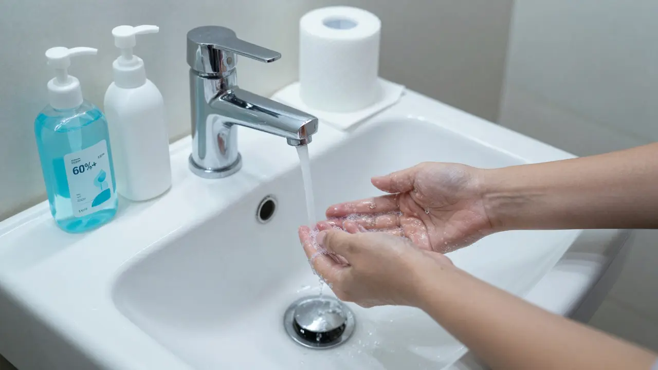 Hygienická stanice s umyvadlem a dezinfekcí v masérně