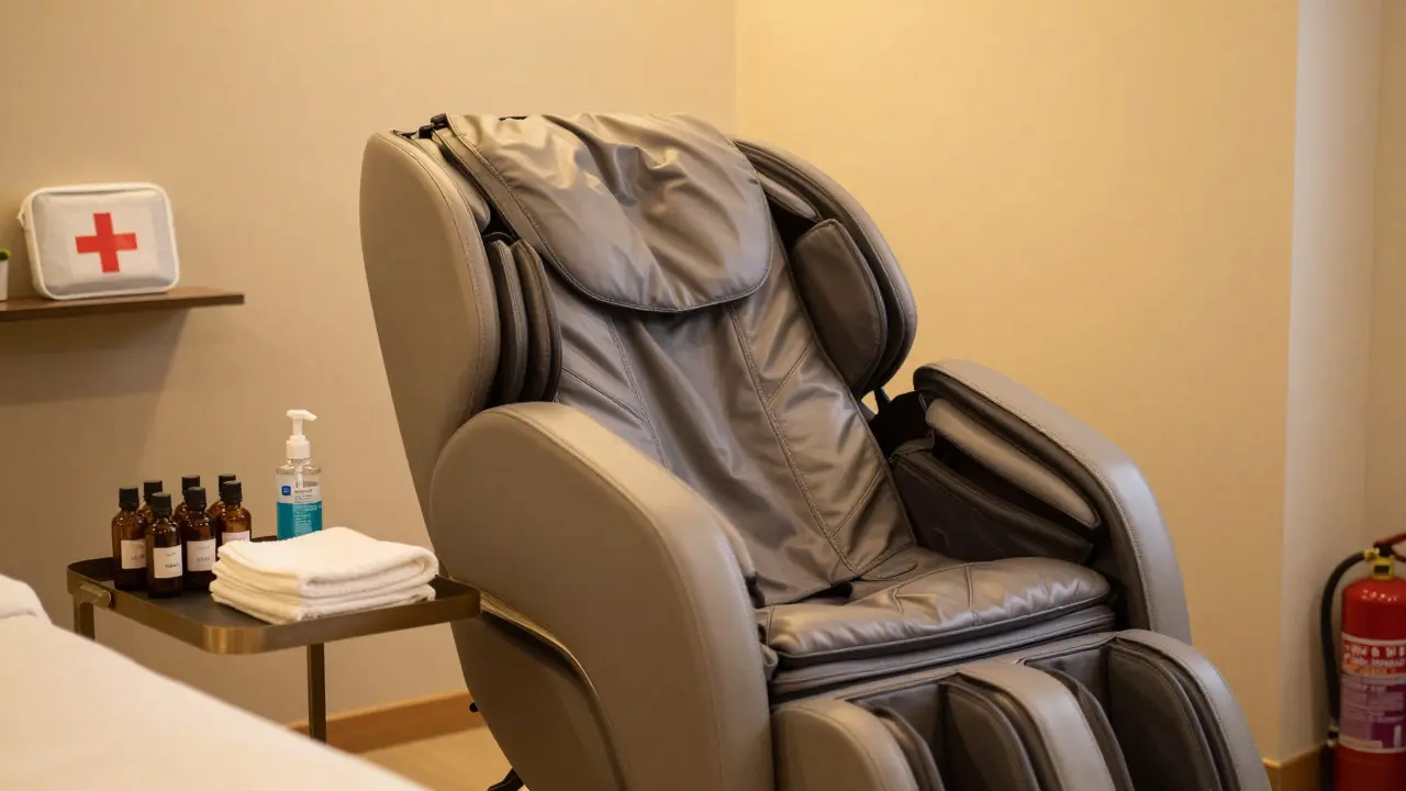 Příprava vybavení pro indickou masáž hlavy v klidné místnosti