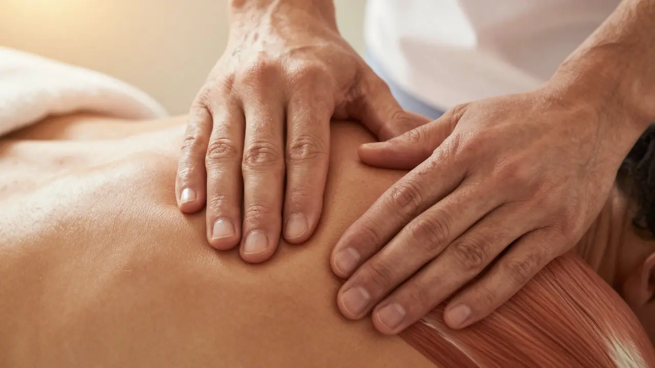 Záběr na ruce terapeuta provádějící hlubokotkaninovou masáž na rameni