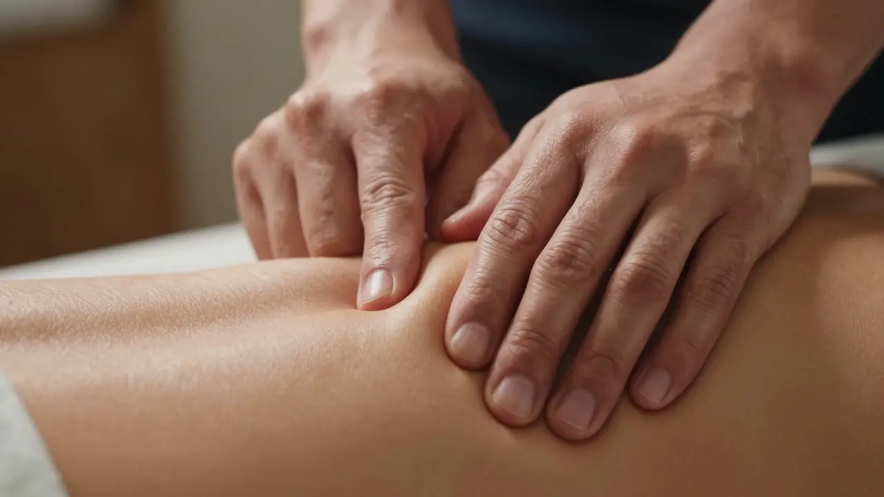 Záběr rukou terapeuta provádějících hlubokotkaninovou masáž na svalách nohy