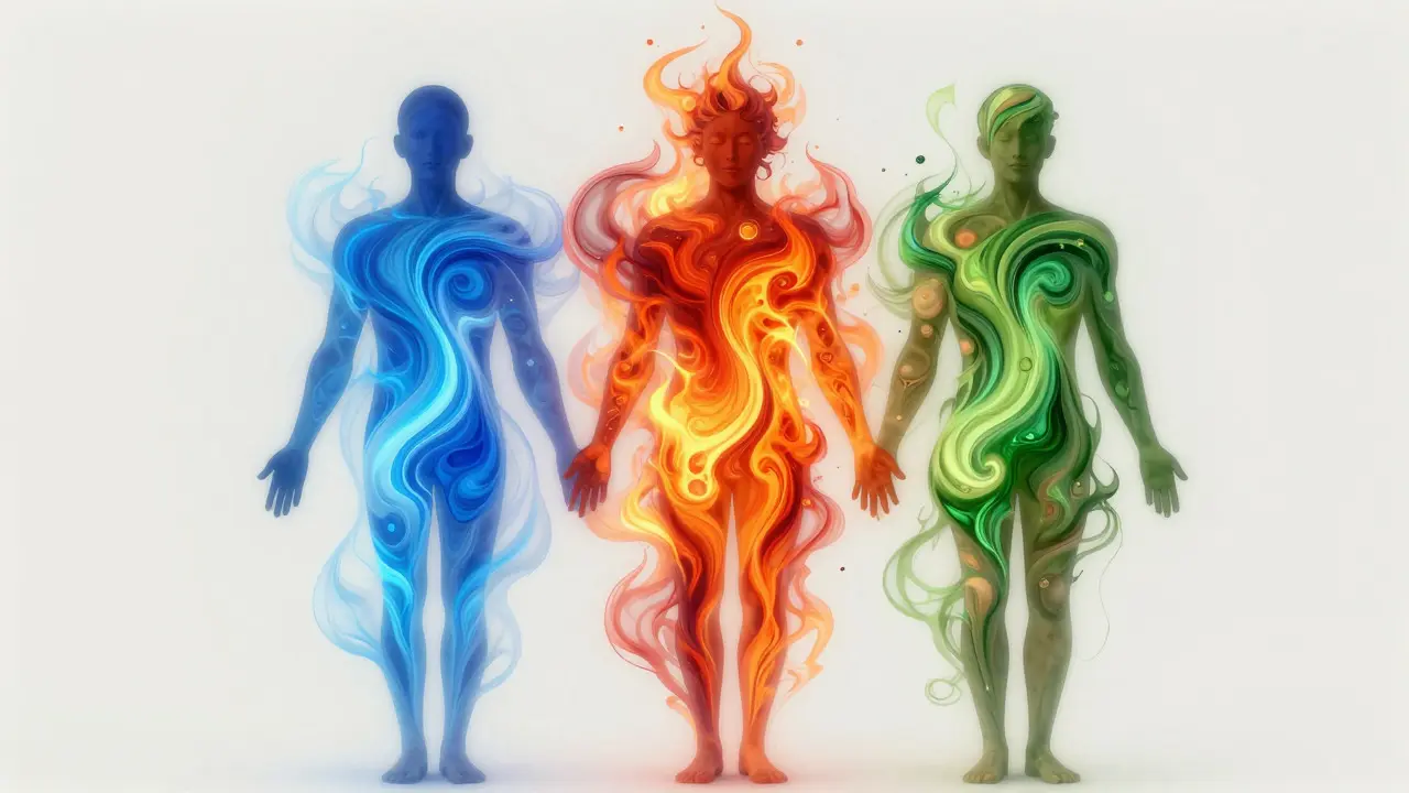 Abstraktní ilustrace tří ájurvédských energií tvořících lidskou siluetu