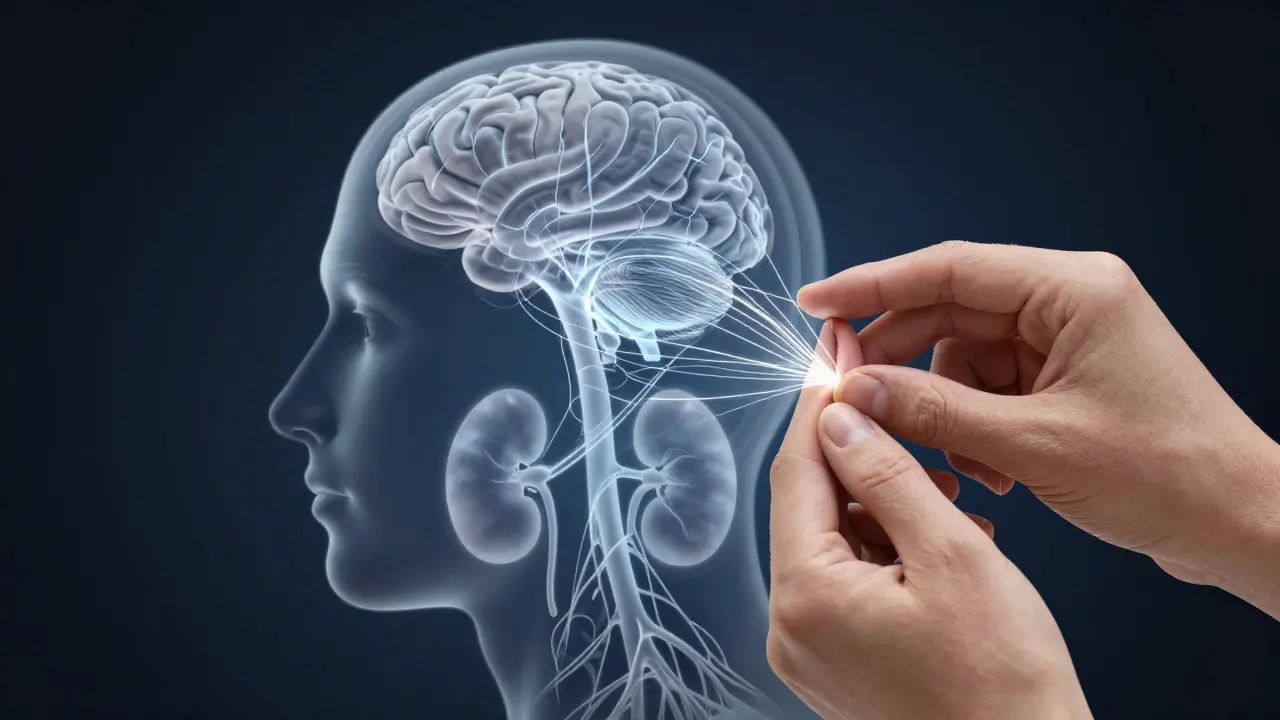 Conceptual art showing light connecting an ear massage to internal organs via nerves