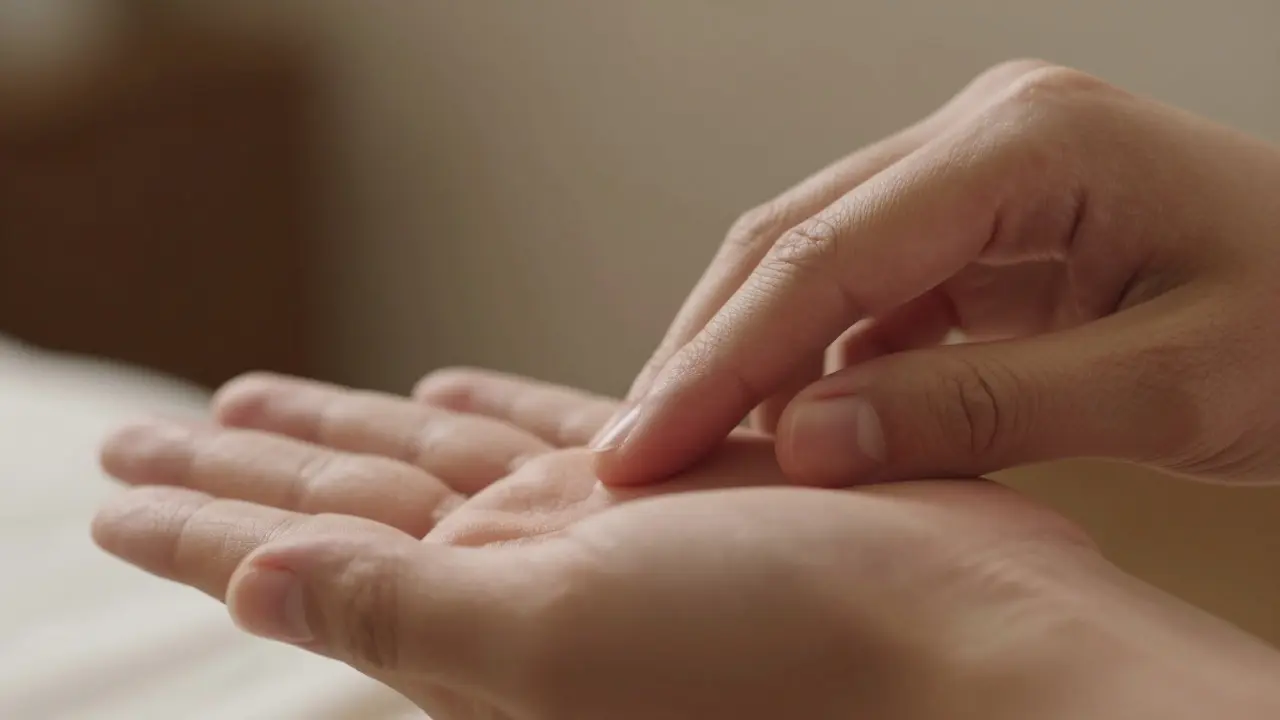 Hands applying gentle acupressure to trigger points on hand and temple.
