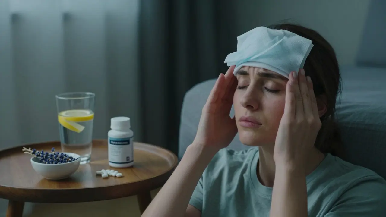 Person resting with cold compress, water, and supplements for migraine relief.