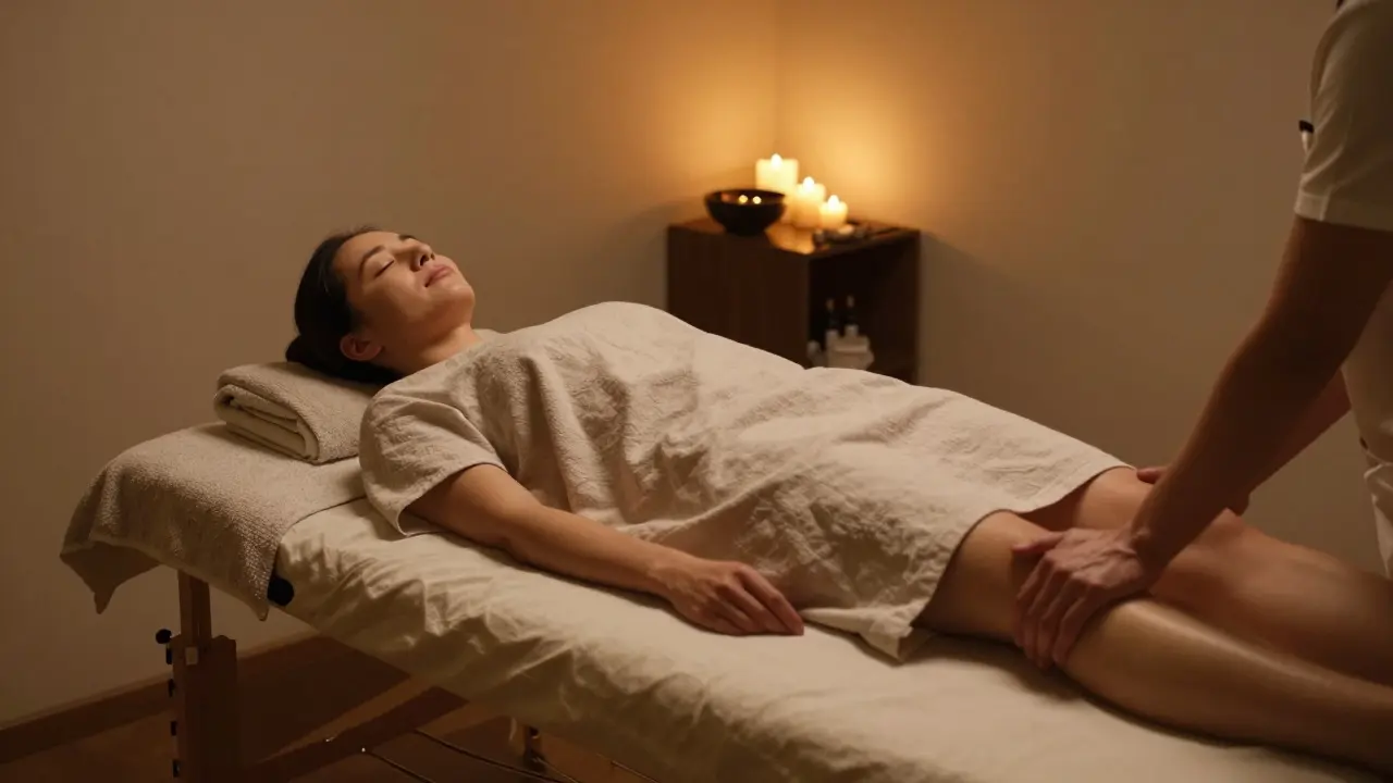 Relaxed person receiving a massage in a warmly lit, cozy wellness studio