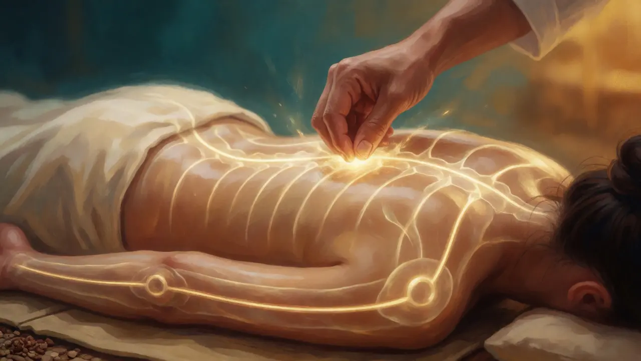 Illustration showing energy lines and therapeutic pressure on the back during Thai massage.