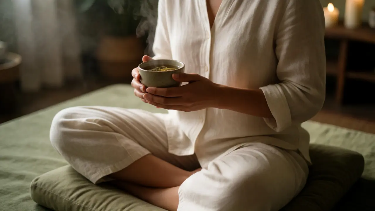 Relaxed person drinking herbal tea after a Thai massage in a calm spa setting.