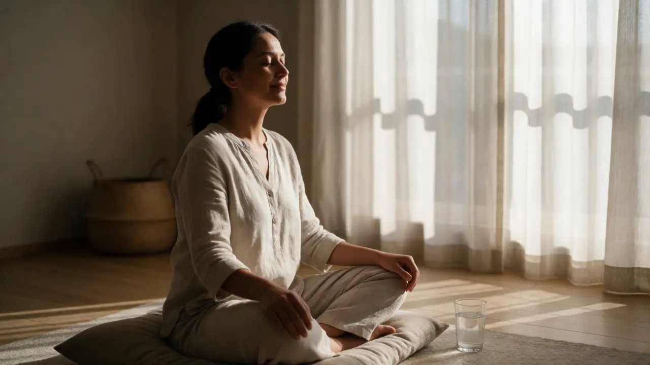 Žena v hluboké relaxaci po masáži shiatsu v tichém pokoji