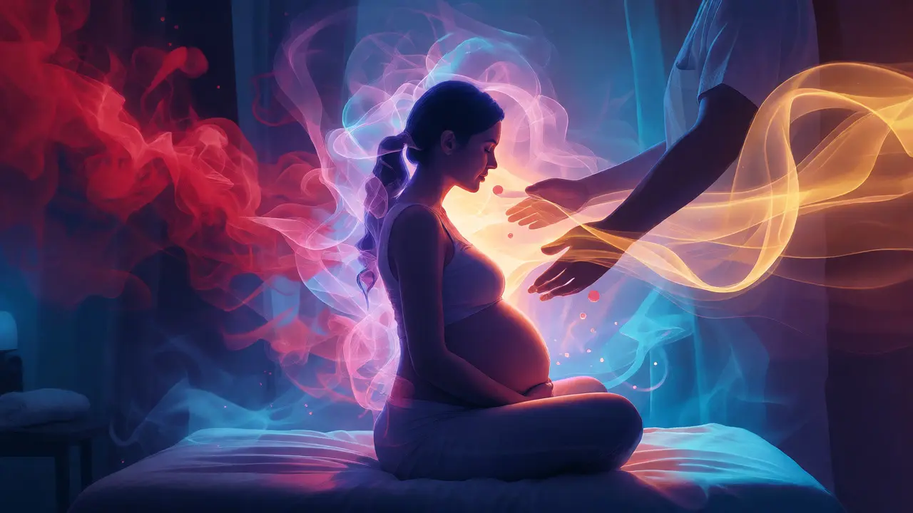 Konceptuální ilustrace přechodu od stresu k klidu během těhotenské masáže