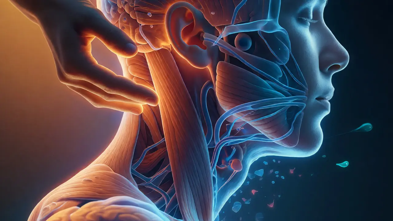 Konceptuální ilustrace uvolňování napětí ze svalů krku a hlavy při masáži