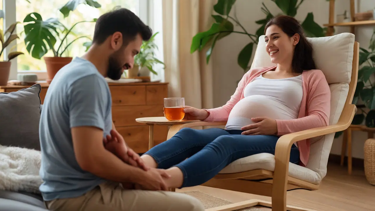 Partner masíruje nohy své těhotné manželce v útulném obývacím pokoji