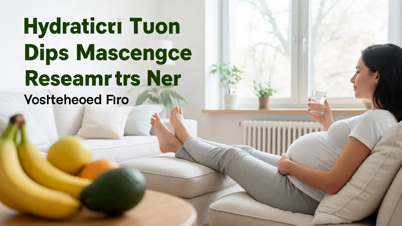 Těhotná žena s nohama nahoře a sklenicí vody po masáži
